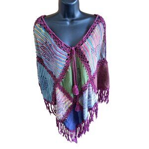 Crochet Boho Poncho Sweater  Fringe Embroidered Floral Women One Size Multicolor